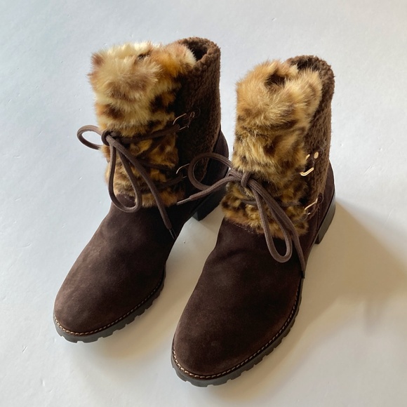 Brown Suede Ankle Boots 7M NIB Leopard Faux Fur Sherpa Trim Talbots Tish Brazil
